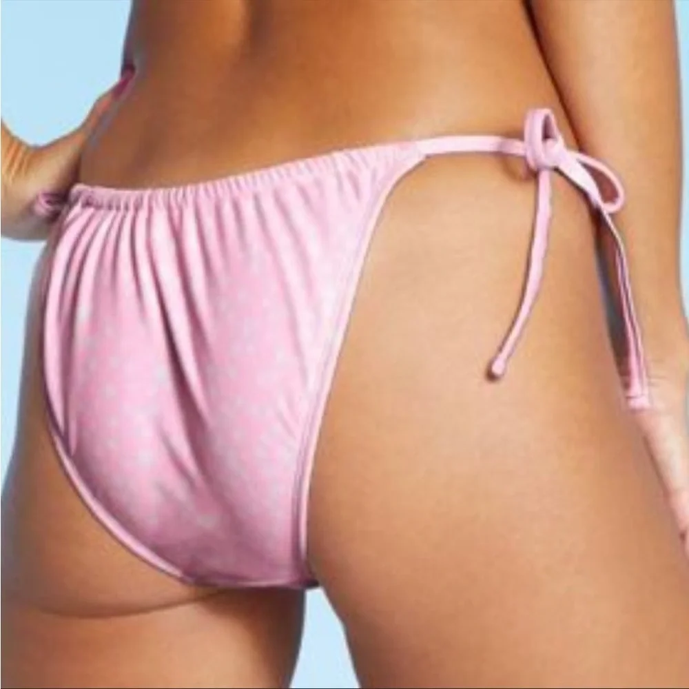 Juniors Shirred Side-Tie Hi Leg Scoop Bikini Bottom Xhilaration NWT Pink Dot - Picture 2 of 7